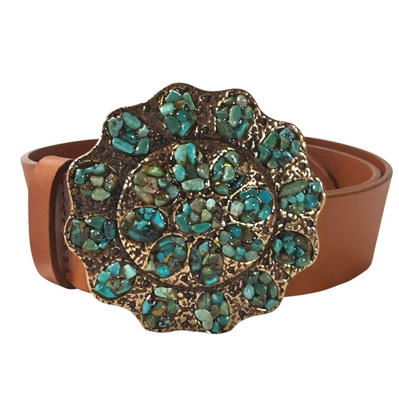 Coldwater Creek NWT Turquoise Stone Gold Flower Buckle Tan Leather Belt M - Picture 1 of 10